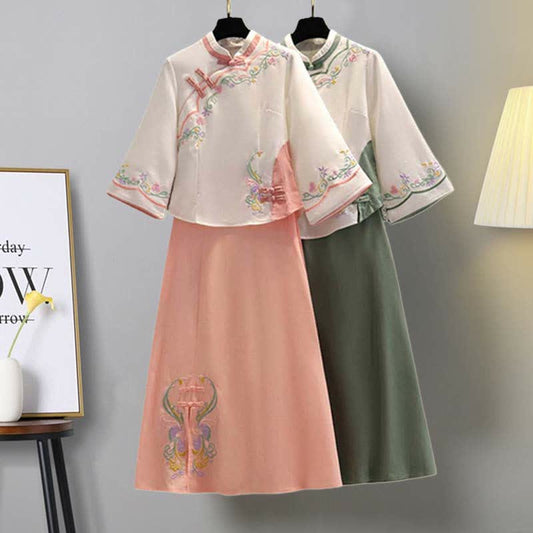 Floral Embroidery Buckle Vintage Top Skirt Set