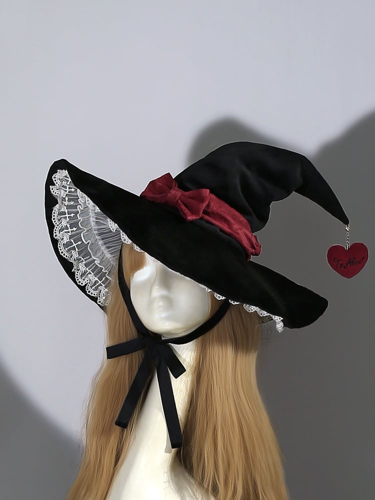 Black Red Bow with Lace Halloween Witch Hat