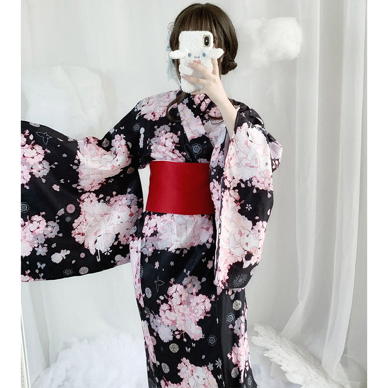 Vintage Cat Sakura Print Kimono Dress