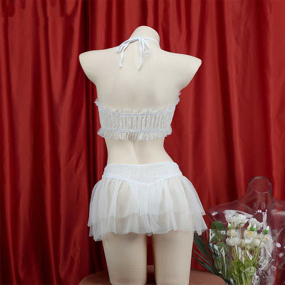 Sweet Halter Lace up Chiffon Maid Lingerie Set