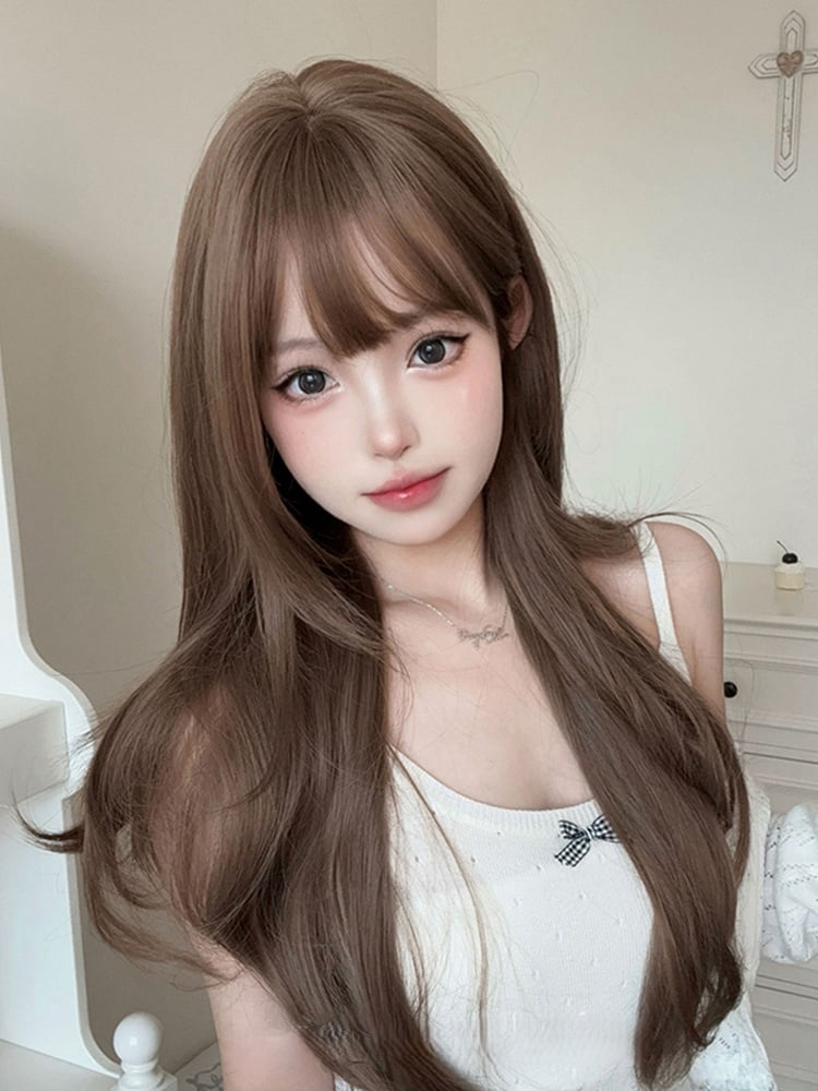 Length Air With Bangs Brown 72CM Wavy Wig Light