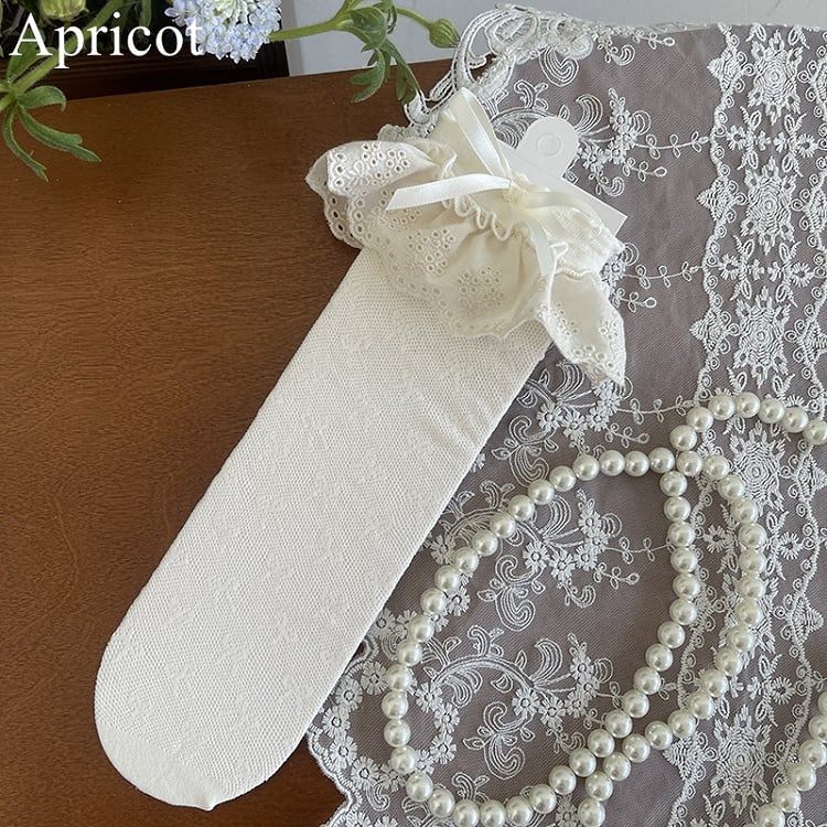 Black/White/Apricot Bowknot Hollow-out Socks Details Trim Lace