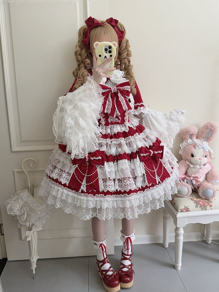 Lolita Tiered Decoration Big Hanayome Red Dress Skirt Bows