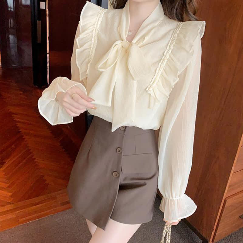 Elegant Bowknot Flouncing Chiffon Shirt