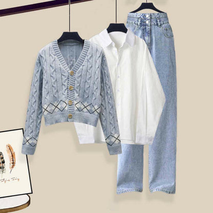 Rhombus Print Sweater Lapel Shirt Denim Pants Set