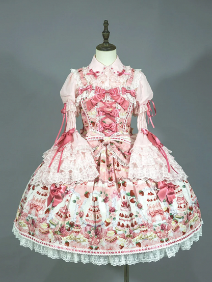 Pink Strawberry and Print JSK Full / Bow Sweet Set Lolita Desserts Accents