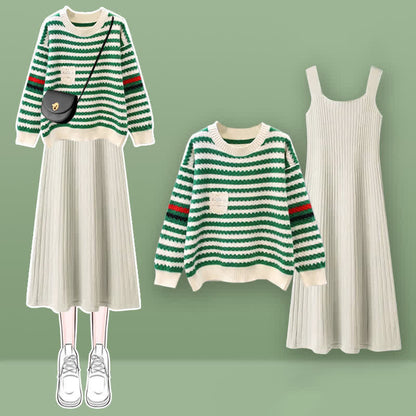 Stripe Colorblock Knit Sweater Slip Dress Set