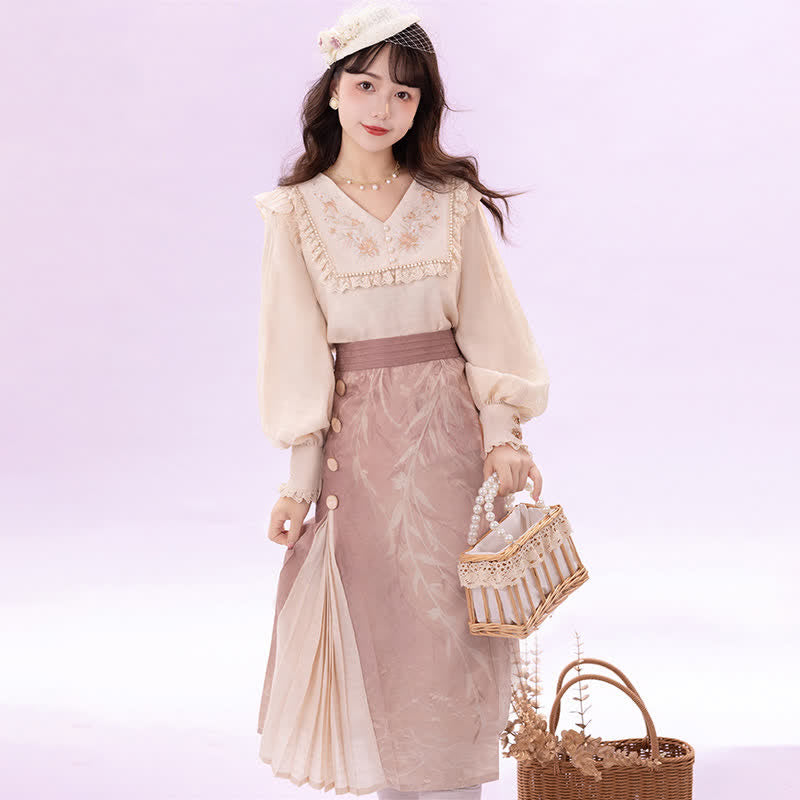 Elegant Embroidery Pink Shirt High Waist Split Pleated Skirt