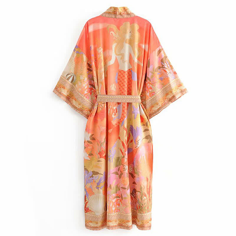 Floral Peacock Mermaid Print Robe Long Cardigan Outerwear