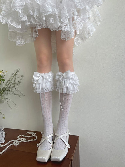 Heart Stockings Underknee Print Lace Ruffle Trims White/Black Bowknot
