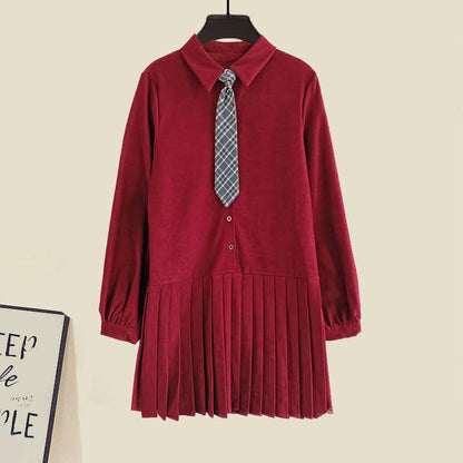 Chic Knit Vest Lapel Tie Pleated Shirt Dress Set