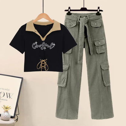 Letter Print Crop Top T-Shirt Cargo Pants Set