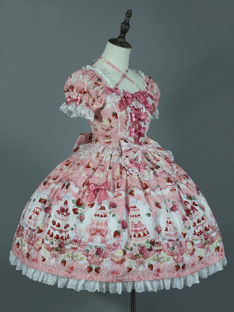 Print Dress Sweet Lolita Bow Set Pink / Accents Strawberry Cake Full