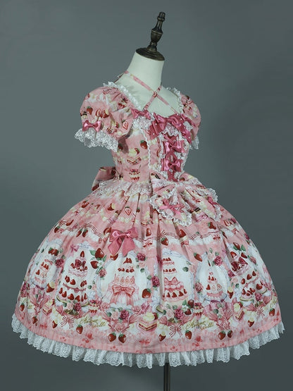 Print Dress Sweet Lolita Bow Set Pink / Accents Strawberry Cake Full