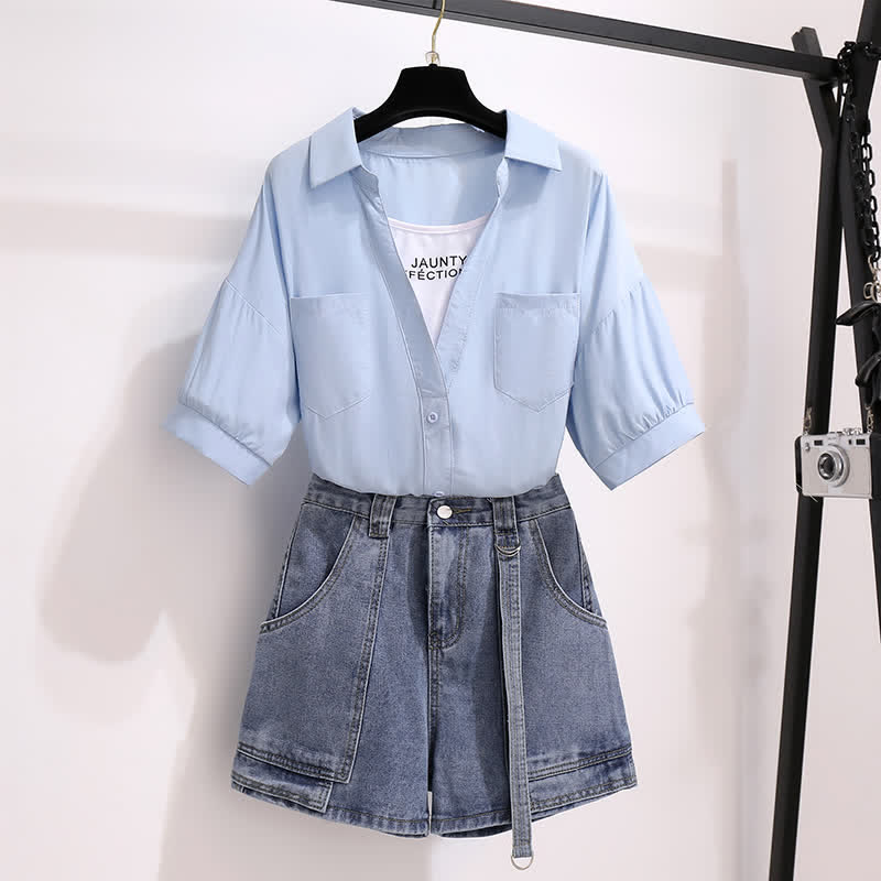 Fake Two Pieces Lapel T-Shirt Pocketed Denim Shorts