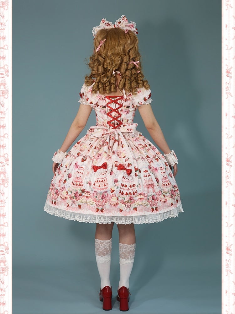 White Strawberry / Accents Sweet Set Dress Full Cake Print Lolita Bow