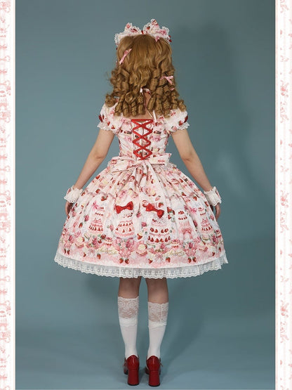 White Strawberry / Accents Sweet Set Dress Full Cake Print Lolita Bow