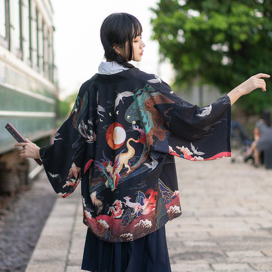 Vintage Dragon Fox Loose Cardigan Kimono Outerwear