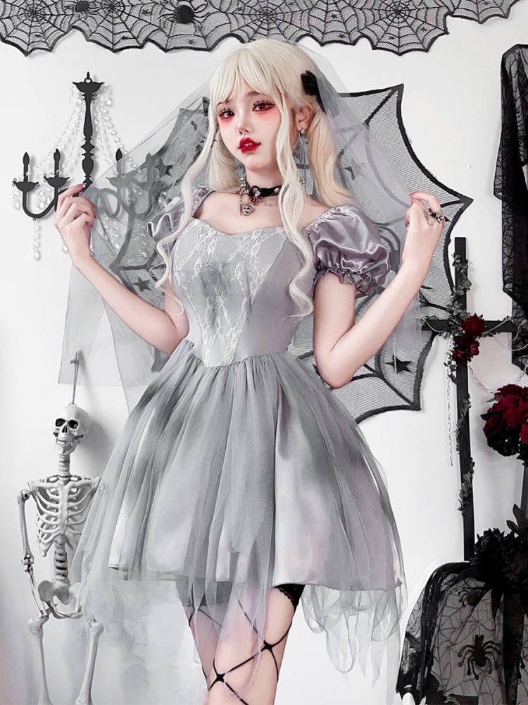 Halloween Gray Puff Sleeves Dress Costume