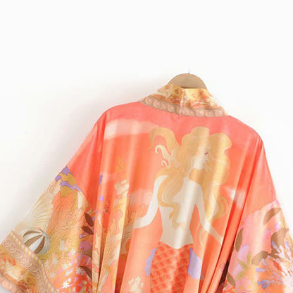 Floral Peacock Mermaid Print Robe Long Cardigan Outerwear