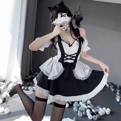 Kawaii Ruffle Maid Lingerie Dress Stockings Set