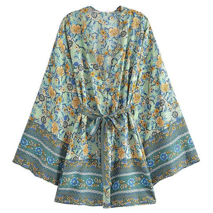 Boho Flower Print Belt Cardigan Outerwear