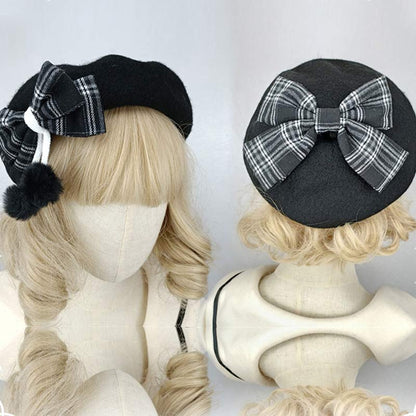 Vintage Bow Knot Plaid Lolita Beret