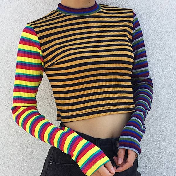 Color Strip Knit Crop - Sweatshirts