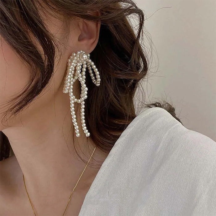 Bow Pearl Tassel Earrings