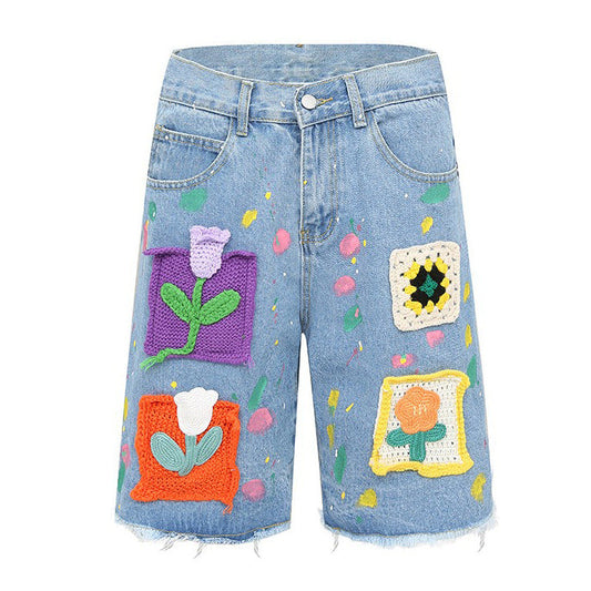 Cartoon Flower Denim Shorts