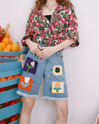 Cartoon Flower Denim Shorts