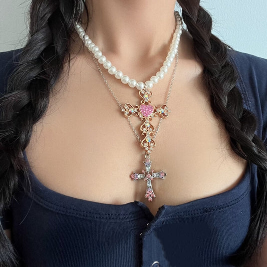 Pearl Cross Diamond Necklace