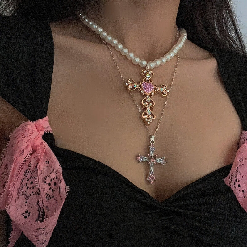 Pearl Cross Diamond Necklace