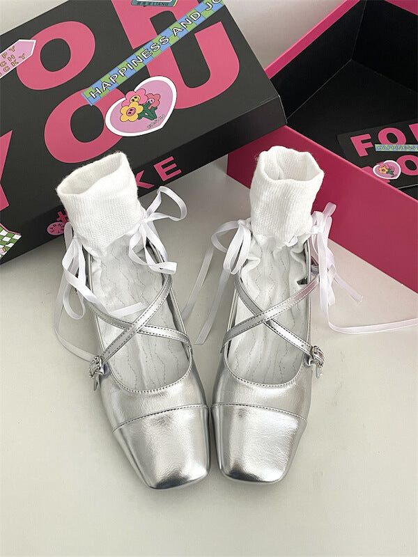Silver Ballet Flats Shoes