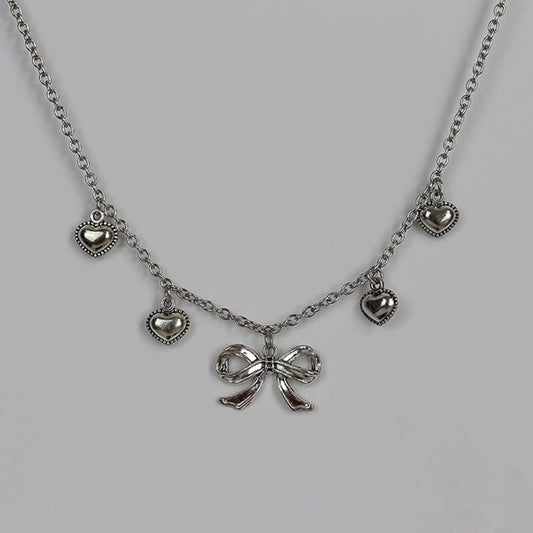 Sliver Heart Bow Necklace