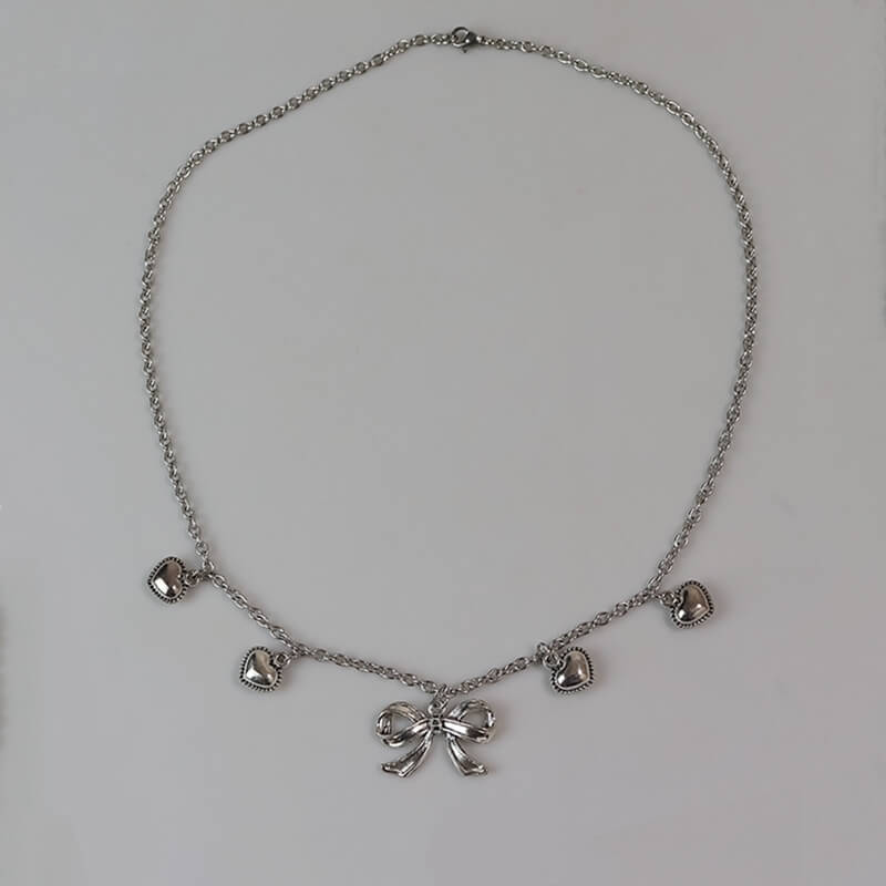 Sliver Heart Bow Necklace