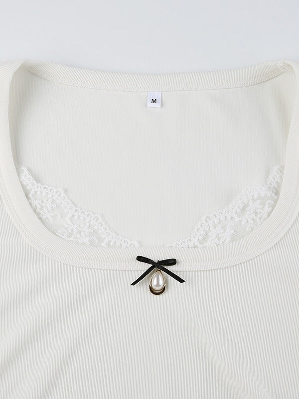 White Lace Pearl Decoration Top
