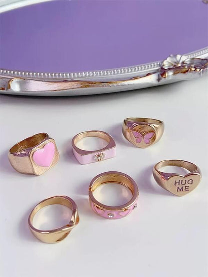 Fashion Pink Heart Rings 6 pieces