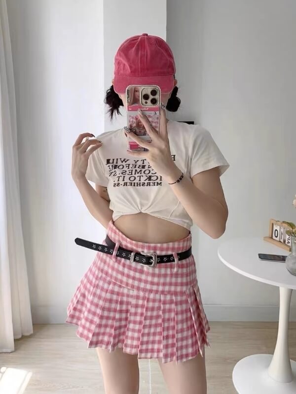 Pink Plaid Belt Skirt