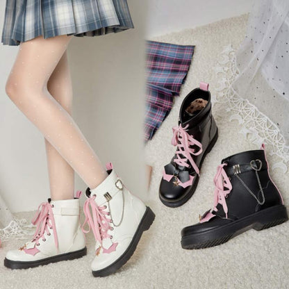 Pink Bow Knot Chain Lace-up Front Boots