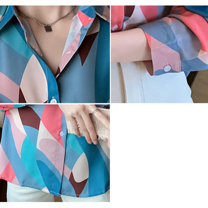 Chic Colorblock Long Sleeve Lapel Shirt