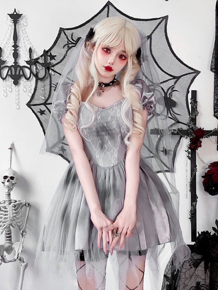 Halloween Gray Puff Sleeves Dress Costume