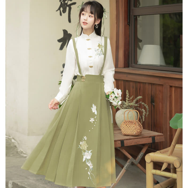 Buckle Floral Embroidery Green Dress Set