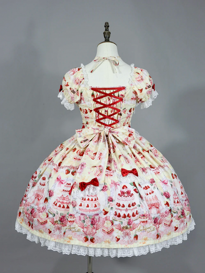 Yellow Sweet Set Lolita Full Strawberry Accents / Dress Print Cake Bow