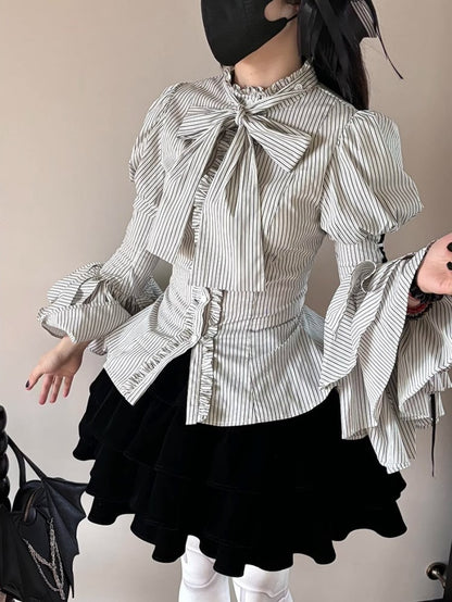 Blue Collar Layered Bell Sleeves Lolita Striped Shirt