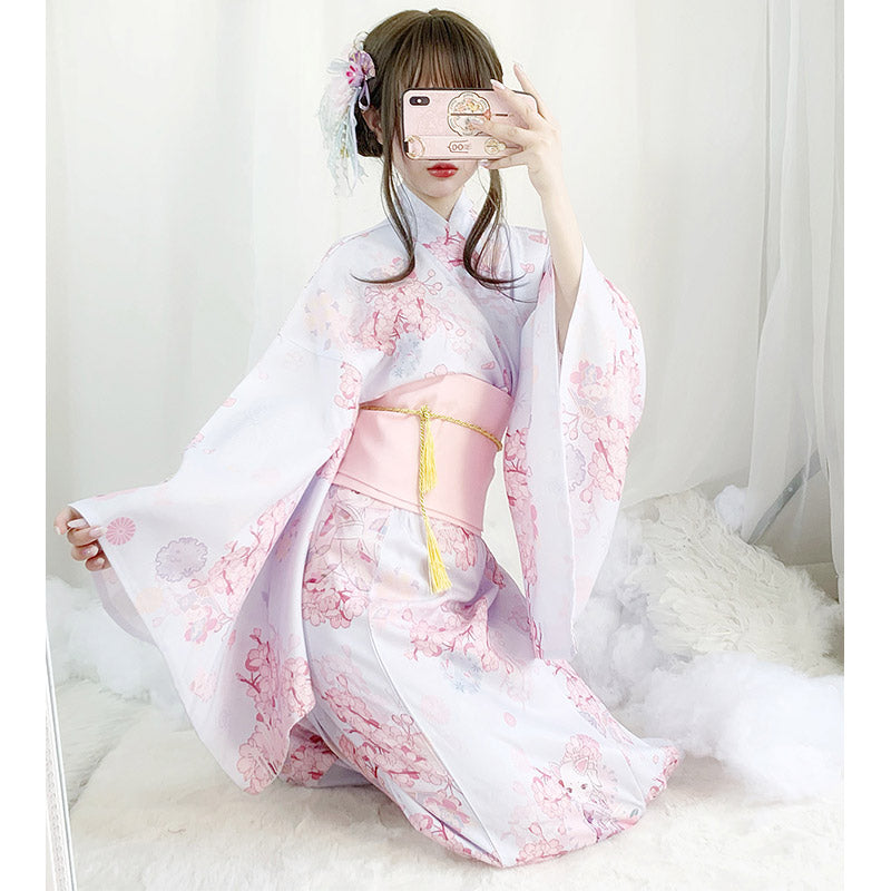 Vintage Cat Sakura Print Kimono Dress