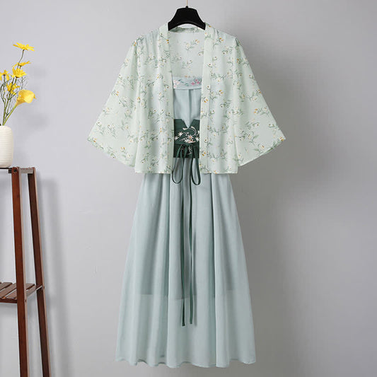 Vintage Hanfu Floral Cardigan Embroidery Slip Dress