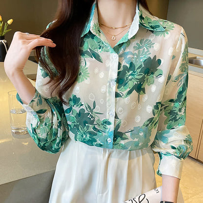 Green Floral Print Puff Sleeve Chiffon Shirt