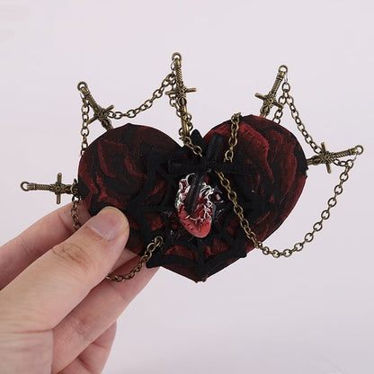 Red Heart Black Spider Web with Swords and Chains Hairclip