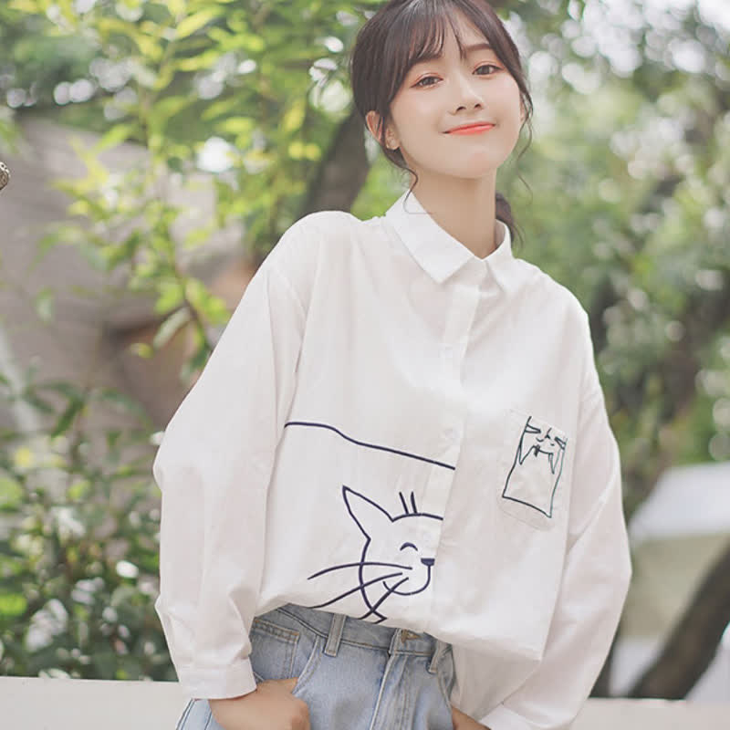 Cartoon Kitty Embroidery Pocket Loose Polo Shirt